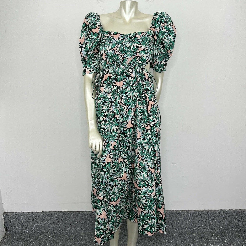 Zara Dress XS Green Pink Floral Print Midi Dress Cutouts Puff Sleeve